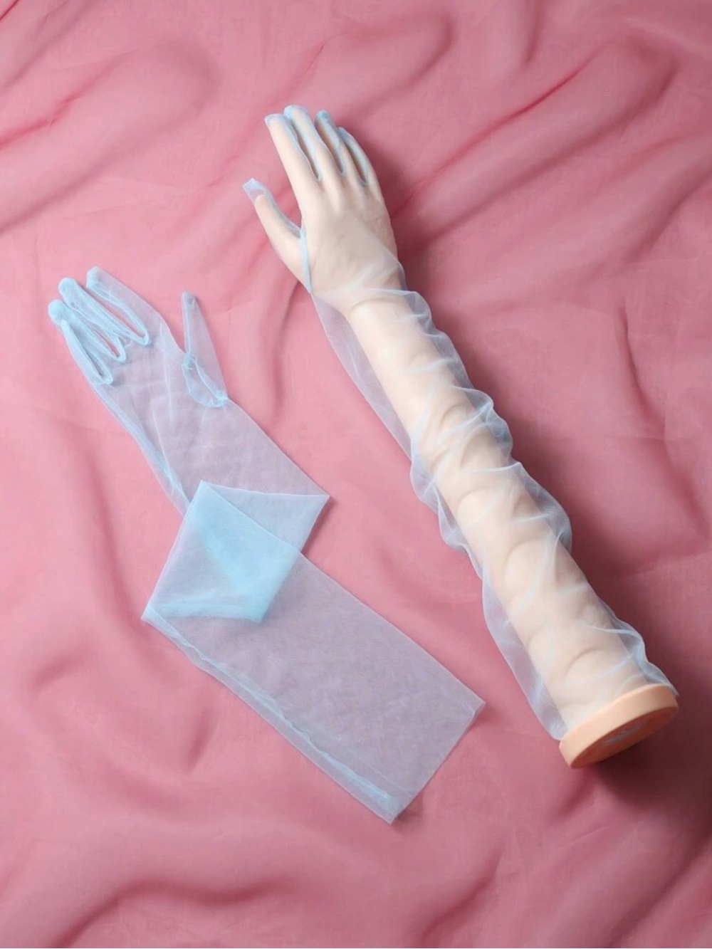 Sheer Long Mesh Opera Gloves - Light Blue